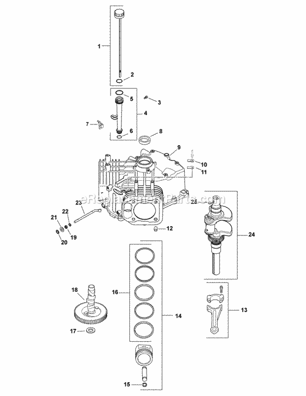 Engine Crankcase And Crankshaft Diagram and Parts List for FMZ50 17AF4BFP010, 17AF4BFP210, 17AF4BFP009, 17AF4B Cub Cadet Lawn Mower